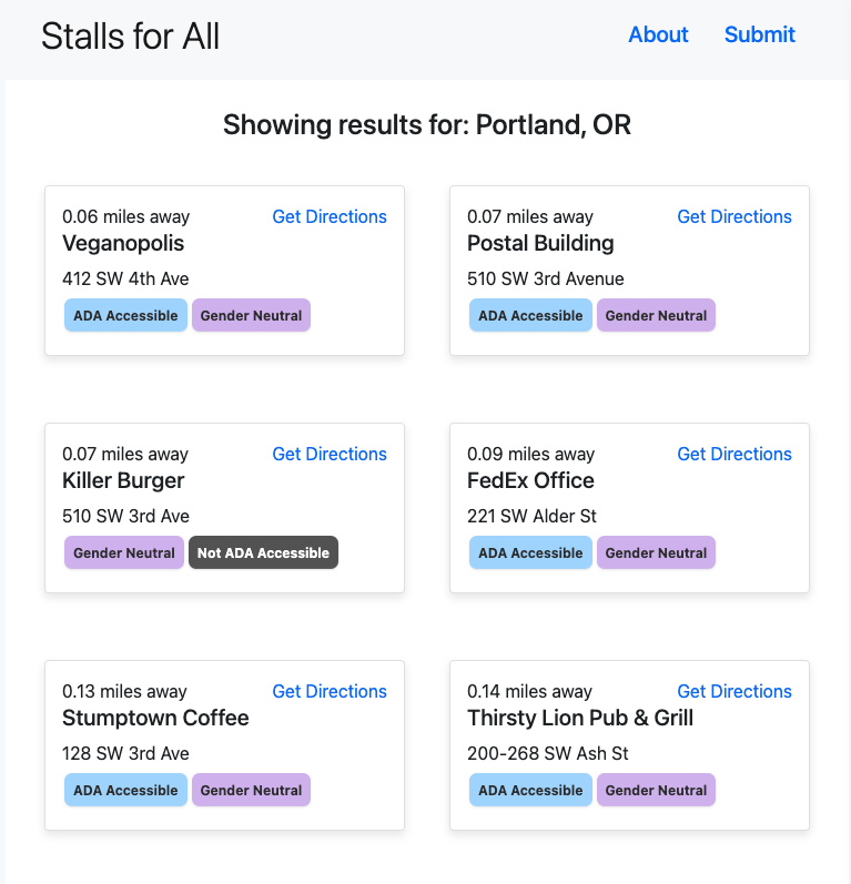 Image of project showing card tile listings of businesses and pla es sorted by distance