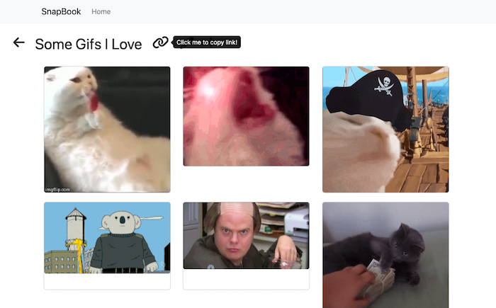 Image of photo viewing web application with minimalistic light design, showing funny gifs of cats, with a nav menu at the top saying 'Snapbook'