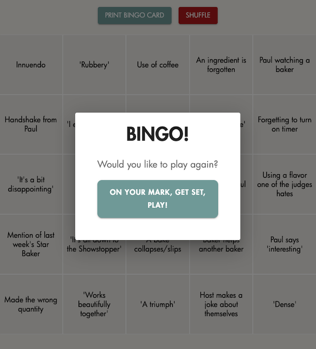 Image of bingo game board is shown but darkened and in the background of a modal window with large text saying 'Bingo!' and asking 'Would you like to play again?' Below is a large button with the text 'On your mark, get set, play!'