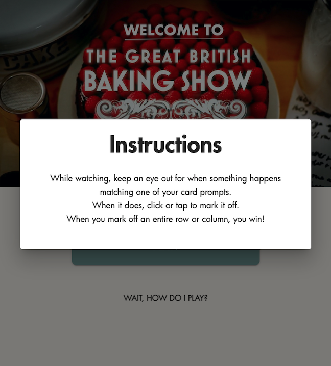 The previous landing page image is shown, but slightly darkened and in the background of a modal window titled 'Instructions'