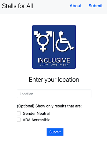 Image of project showing a search form centered on a page with the text 'Enter a location' and an image of a restroom sign